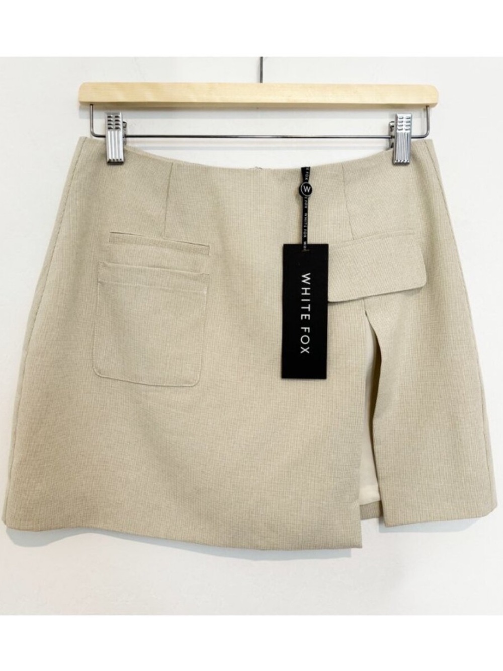 White Fox On The List Skirt Small Beige Faux Cargo Mini Slit Baddie Vegas Party